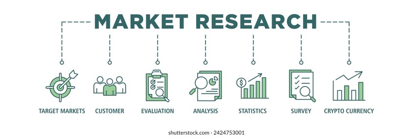 Market research banner web icon vector illustration concept with icon of target markets, customer, evaluation, analysis, statistics, survey and trend