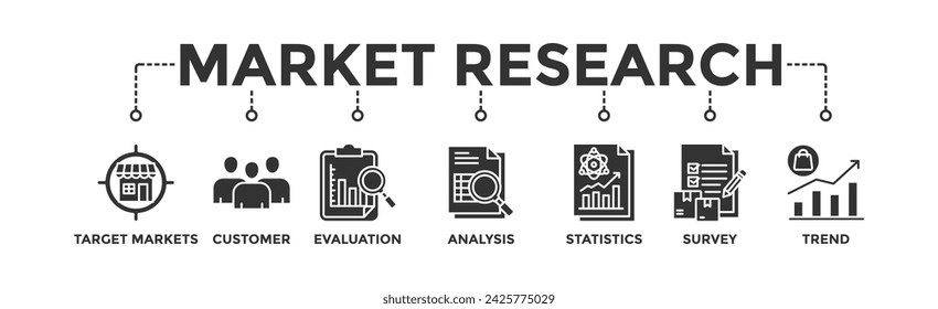 Banner de investigación de mercado web icono vector concepto de ilustración con icono de mercados objetivo, cliente, evaluación, análisis, estadísticas, encuesta y tendencia