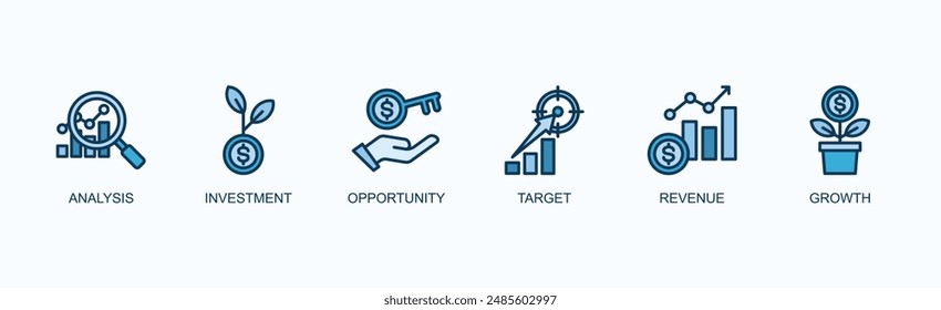 Market Research Banner Web Icon Vector Illustration Concept With Analysis, Investment, Opportunity, Target, Revenue, Growth