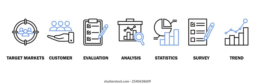 Market research banner web icon vector illustration concept with icon of target markets, customer, evaluation, analysis, statistics, survey and trend