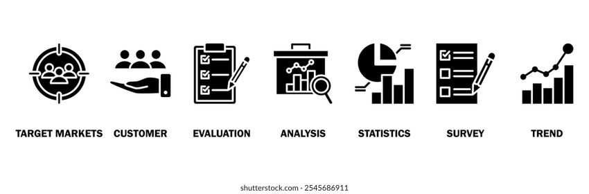 Banner de pesquisa de mercado ícone web vetor ilustração conceito com ícone de mercados-alvo, cliente, avaliação, análise, estatísticas, pesquisa e tendência