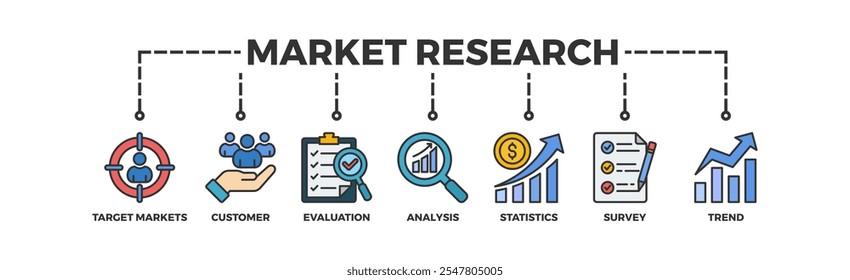 Market research banner web icon vector illustration concept with icon of target markets, customer, evaluation, analysis, statistics, survey and trend