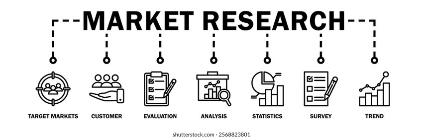 Market research banner web icon vector illustration concept with icon of target markets, customer, evaluation, analysis, statistics, survey and trend