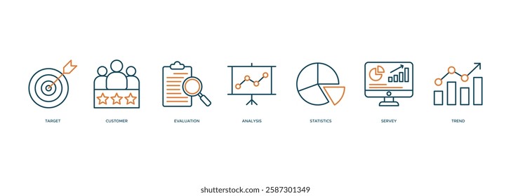 Market research banner web icon for business and social media marketing, target, survey, market gap, customer, trends, analytics and statistics. Flat vector infographic.