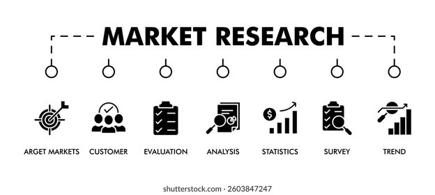 Market research banner web icon vector illustration concept with icon of target markets, customer, evaluation, analysis, statistics, survey and trend