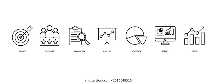 Market research banner web icon for business and social media marketing, target, survey, market gap, customer, trends, analytics and statistics. Flat vector infographic.