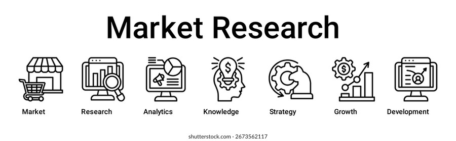 Market Research banner web icon vector illustration concept for business with icon of Market, Research, Analytics, Knowledge, Strategy, Growth.