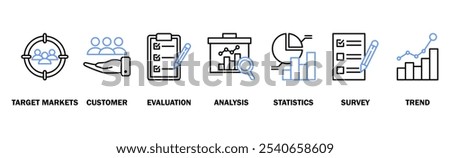 Market research banner web icon vector illustration concept with icon of target markets, customer, evaluation, analysis, statistics, survey and trend