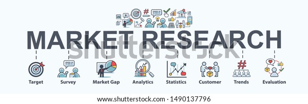Market research\
banner web icon for business and social media marketing, target,\
survey, market gap, customer, trends, analytics and statistics.\
Flat vector\
infographic.