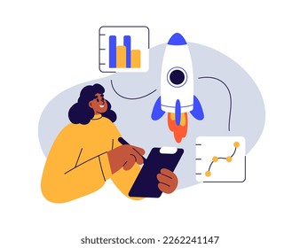 Market research and business analysis concept. Person studying, analyzing startup data, information, company report about growth and development. Flat vector illustration isolated on white background