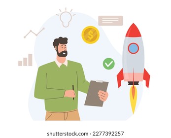 Market research and business analysis concept. Man studying, analyzing startup data and information