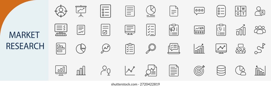 market research and business data analysis set, outline vector icons, black