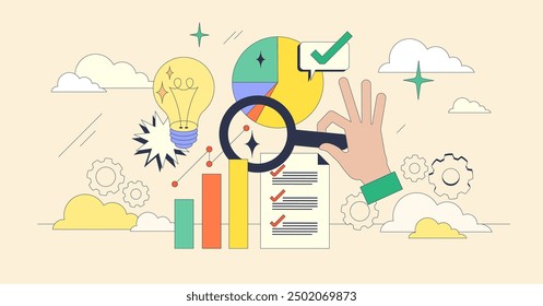 Market research and business data report tiny person neubrutalism concept. Financial growth and development showed in increasing graphics with upward financial trend vector illustration. Sale review.