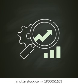 Market research chalk icon.Attentively examines through magnifying glass how pointers grow, market, get opinions and feedback.Analysis concept.Isolated vector illustration on chalkboard