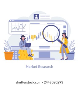 Market Research Concept. Dedicated professionals using analytics to decipher market trends for strategic business planning. Vector illustration.