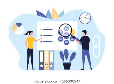 Market research concept and digital managed marketing business development strategy. A woman and a man with a magnifying glass analyze sales data. Flat vector illustration.
