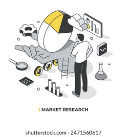 Market research concept. Man analyzing a pie chart; representing market shares. Gathering; analyzing; and interpreting data to inform marketing decisions. Marketing strategy Isometric illustration