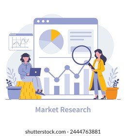 Market research concept. Professionals analyze data to understand target audience needs. Strategic insight with digital analytics. Vector illustration.