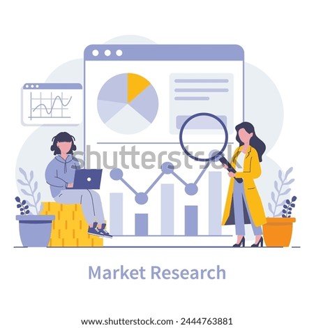Market research concept. Professionals analyze data to understand target audience needs. Strategic insight with digital analytics. Vector illustration.