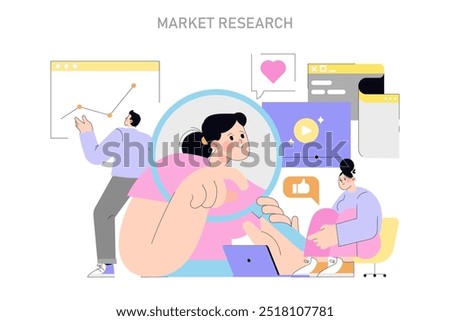 Market Research concept. Team analyzing data and consumer feedback for business strategy. Digital analysis, customer insights, trend tracking. Vector illustration.