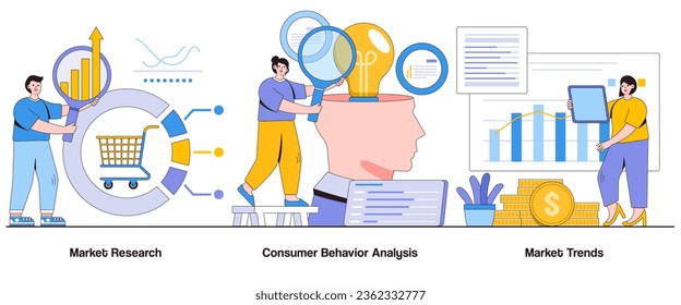 Market research, consumer behavior analysis, market trends concept with character. Market insights abstract vector illustration set. Customer preferences, market opportunities metaphor.