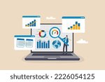 Market research data analysis, analyze business data or financial report, SEO analytics or profit and earning concept, businessman analyst with magnifier analyze data on computer laptop dashboard.