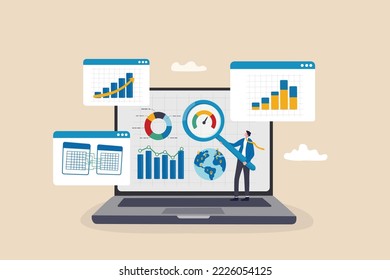 Market research data analysis, analyze business data or financial report, SEO analytics or profit and earning concept, businessman analyst with magnifier analyze data on computer laptop dashboard.