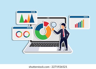 Market research data analysis, analyze business data or financial report, SEO analytics or profit and earning concept, businessman analyst with magnifier analyze data on computer laptop dashboard.