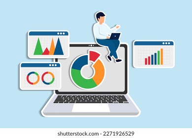 Market research data analysis, analyze business data or financial report, SEO analytics or profit and earning concept, businessman analyst with laptop analyze data on computer laptop dashboard.