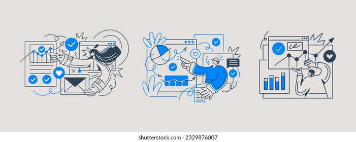 Market research data analysis, analyze business data or financial report, SEO analytics or profit and earning concept. Vector illustration