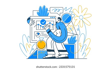 Market research data analysis, analyze business data or financial report, SEO analytics or profit and earning concept. Vector illustration