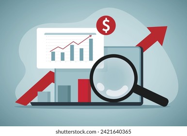 Market research data analysis, analyze business data or financial report, Profit and earning concept, Magnifying glass analyze data on computer laptop.