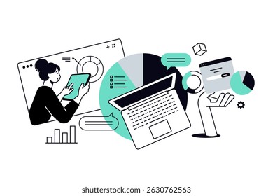 Market research and data analytics. Vector illustration for web banner, social media banner, business presentation, marketing material.