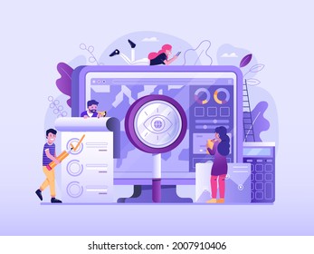 Market Research, Data Statistics Gathering And Marketing Analysis Concept With Team Of People Making Global Survey Research And Gather Information In Internet. Online Business Illustration.