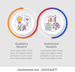 Market research data types infographics circles sequence. Marketing, analytics. Visualization layout with 2 steps. Info chart loop process presentation