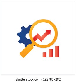 Market research flat icon. Attentively examines through magnifying glass how pointers grow, market, get opinions and feedback.Analysis concept.3d vector illustration