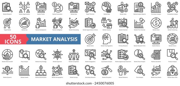 Market research icon collection set. Containing segmentation, trends, penetration, buyer personas, data, sales, analysis icon. Simple line vector.