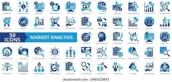 Market research icon collection set. Containing segmentation, trends, penetration, buyer personas, data, sales, analysis icon. Simple flat vector.