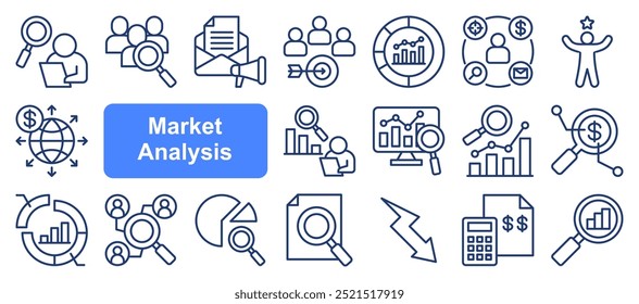 Market research icon collection set. Containing segmentation, trends, penetration, buyer personas, data, sales, analysis icon. Simple flat vector.