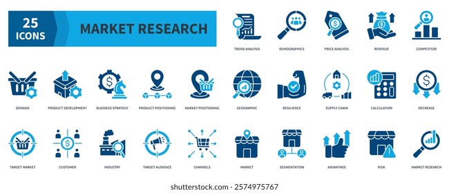 Market Research Icon Collection Set. Containing analysis, consumer behavior, market segmentation, target, trends, demographics, demand, business strategy Icon. Simple Flat Vector. Blue Color Style