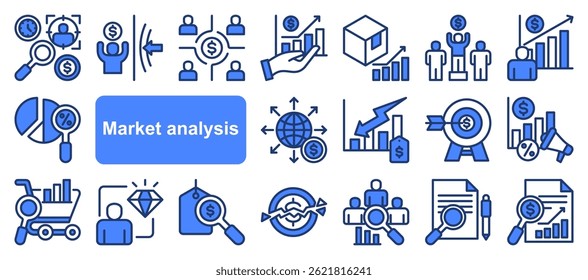 Market research icon collection set. Containing segmentation, trends, penetration, buyer personas, data, sales, analysis icon. Simple fvector.