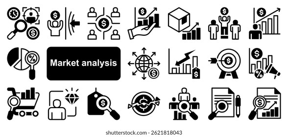 Market research icon collection set. Containing segmentation, trends, penetration, buyer personas, data, sales, analysis icon. Simple fvector.