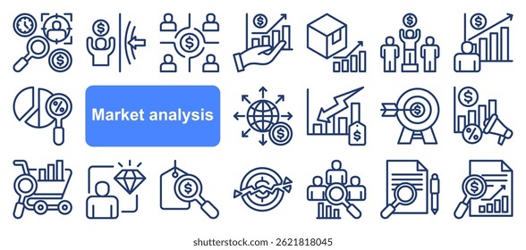 Market research icon collection set. Containing segmentation, trends, penetration, buyer personas, data, sales, analysis icon. Simple fvector.