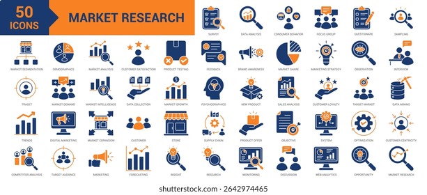 Conjunto de coleta de ícones do Market Research. Contendo análise, comportamento do consumidor, grupo de foco, questionário, amostragem, segmentação do mercado, pesquisa, tendências, ícone de análise do concorrente. Vetor plano simples
