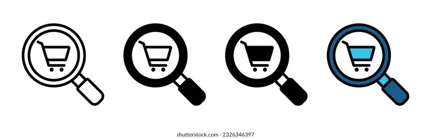Market research icon. Search market shop, magnifying glass with cart icon symbol in line and flat style for apps and websites. Vector illustration