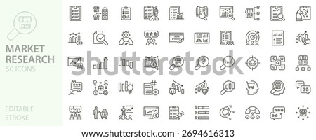 Market research icon set. Analytics, data, audience, strategy, insights, trends, growth icons. Thin line editable stroke vector illustrations