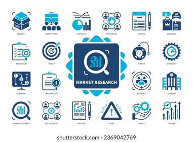 Market Research icon set. Branding, Survey, Statistics, Customer, Analysis, Product, Focus Group, Evaluation. Duotone color solid icons