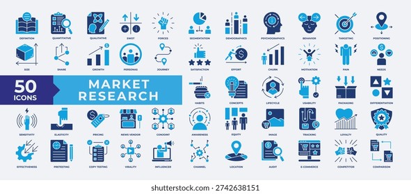 Market Research icon set collection. Containing swot, segmentation, market, research, growth, share, effort, concept, audit and location. Simple flat icon vector illustration.