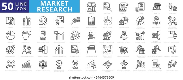 Market Research icon set with customer survey, data, analysis, consumer, product trend, segment, target and demographic