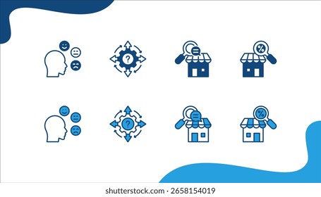 Market Research icon set with Customer satisfaction, Questionnaire, Qualitative research, Quantitative research.